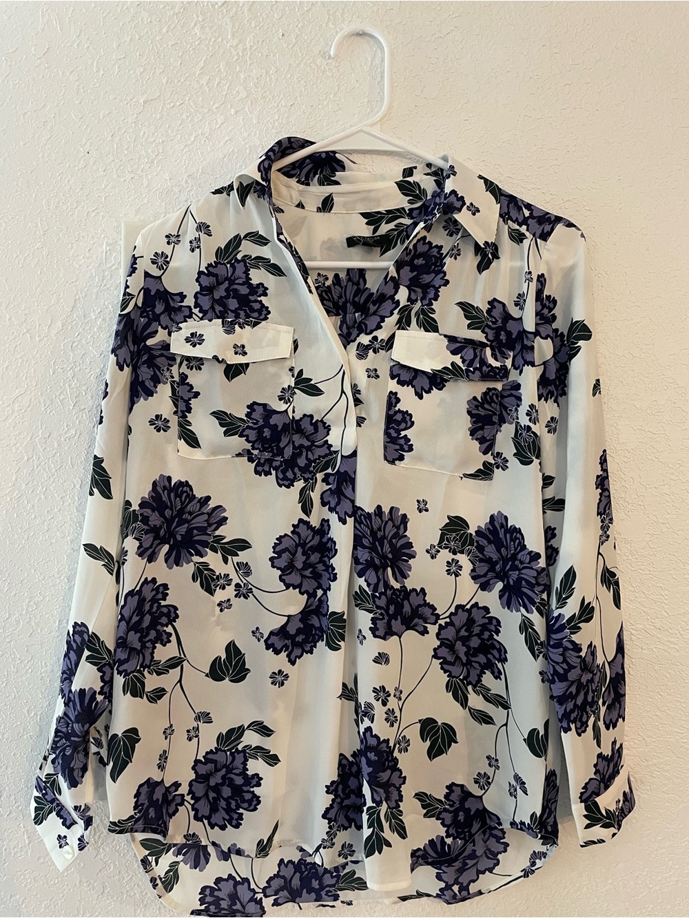 Ann Taylor White Button front Shirt with Purple Floral Print